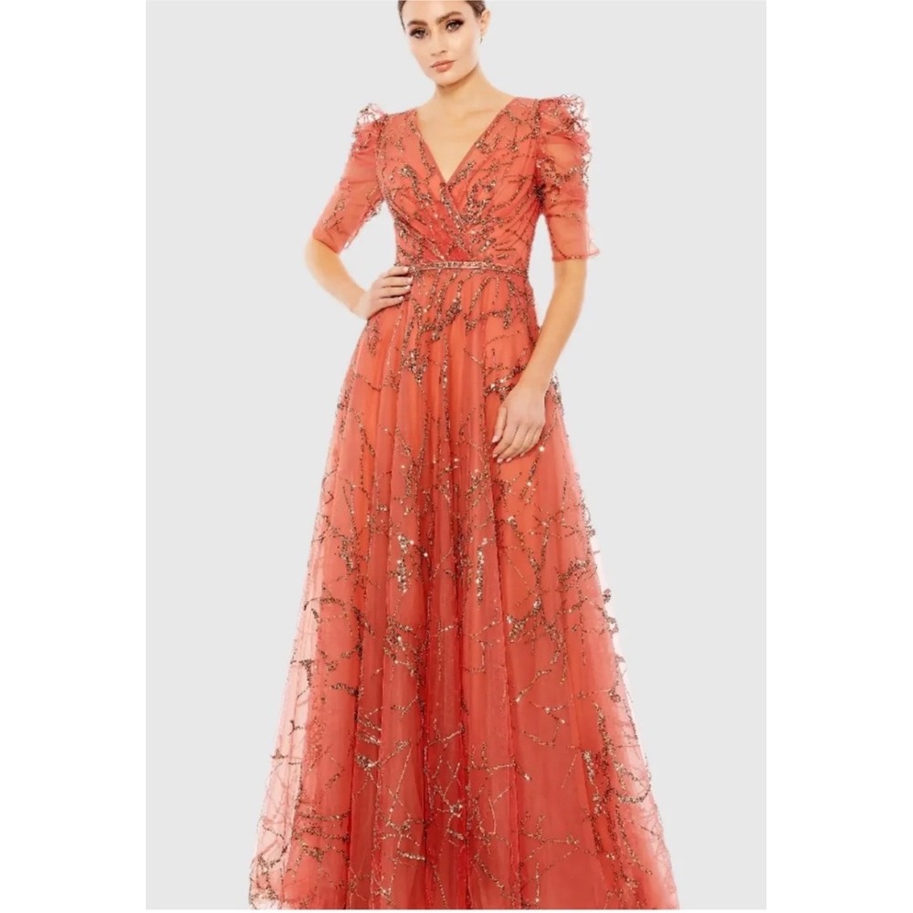 Mac Duggal 20428 Cinnamon Sequin Tulle Gown Puff Sleeve V-Neck Formal Dress 6